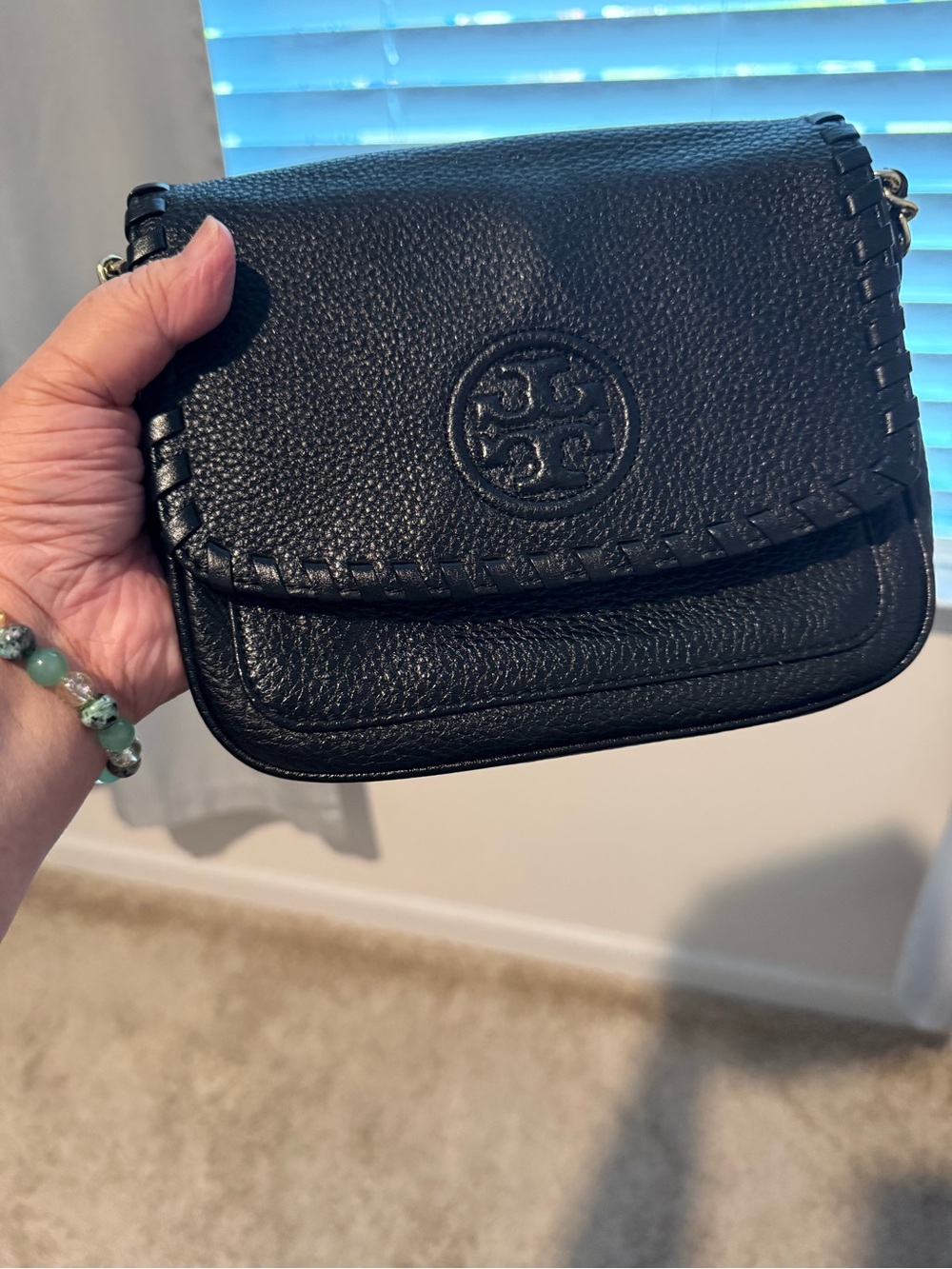 Tory Burch Black Pebbled Leather Whipstitch Crossbody